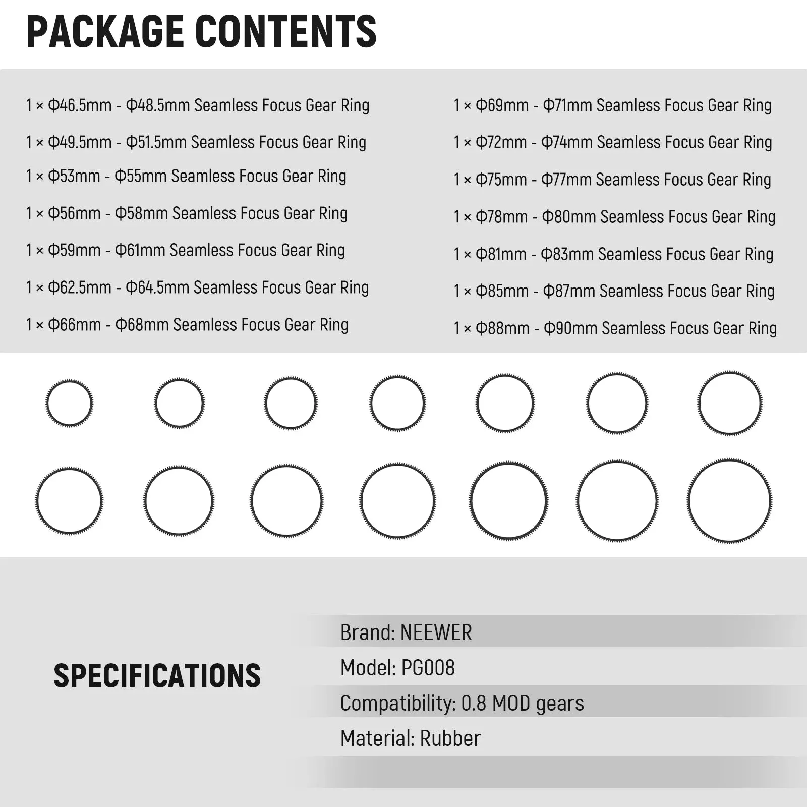 14pcs Seamless Follow Focus Gear Ring Set 0.8 Mod for 46.5 90mm Lenses