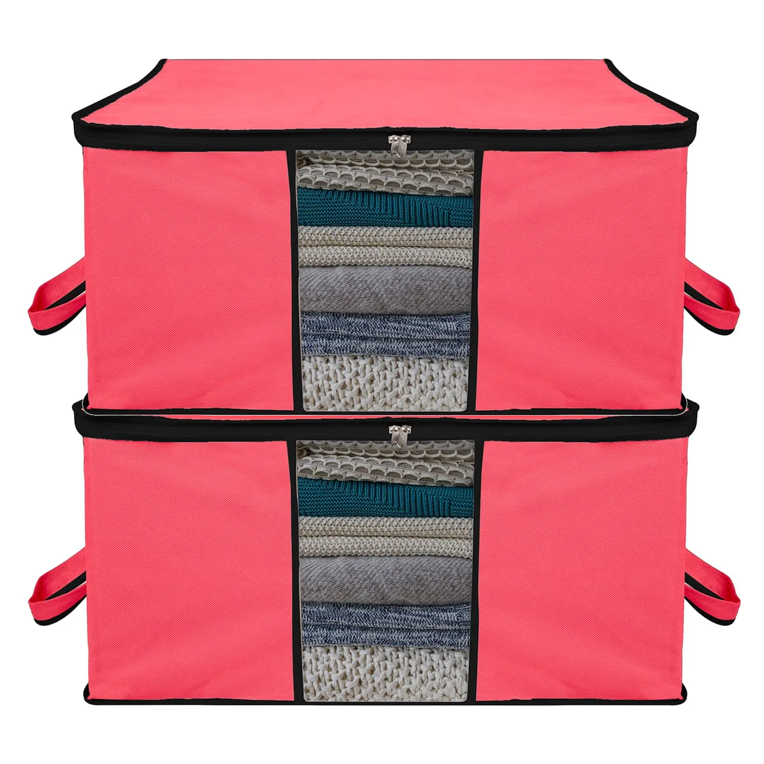 Heart Home Underbed Storage Bag | Clothes Storage Organizer | Blanket Cover with Clear Window | Zipper Closure & Handle Cloth Organizer | Plain Black Border | Large | Pack of 2 | Pink