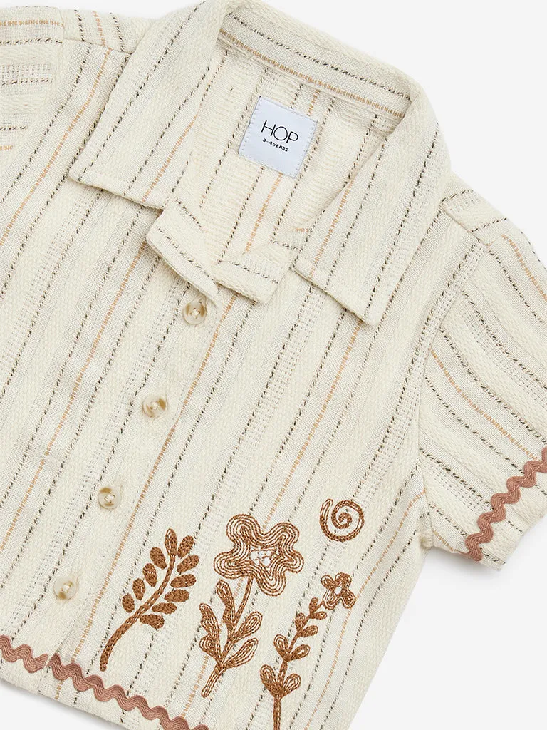 HOP Kids Beige Floral Embroidered Cotton-Blend Shirt