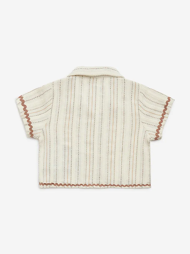 HOP Kids Beige Floral Embroidered Cotton-Blend Shirt