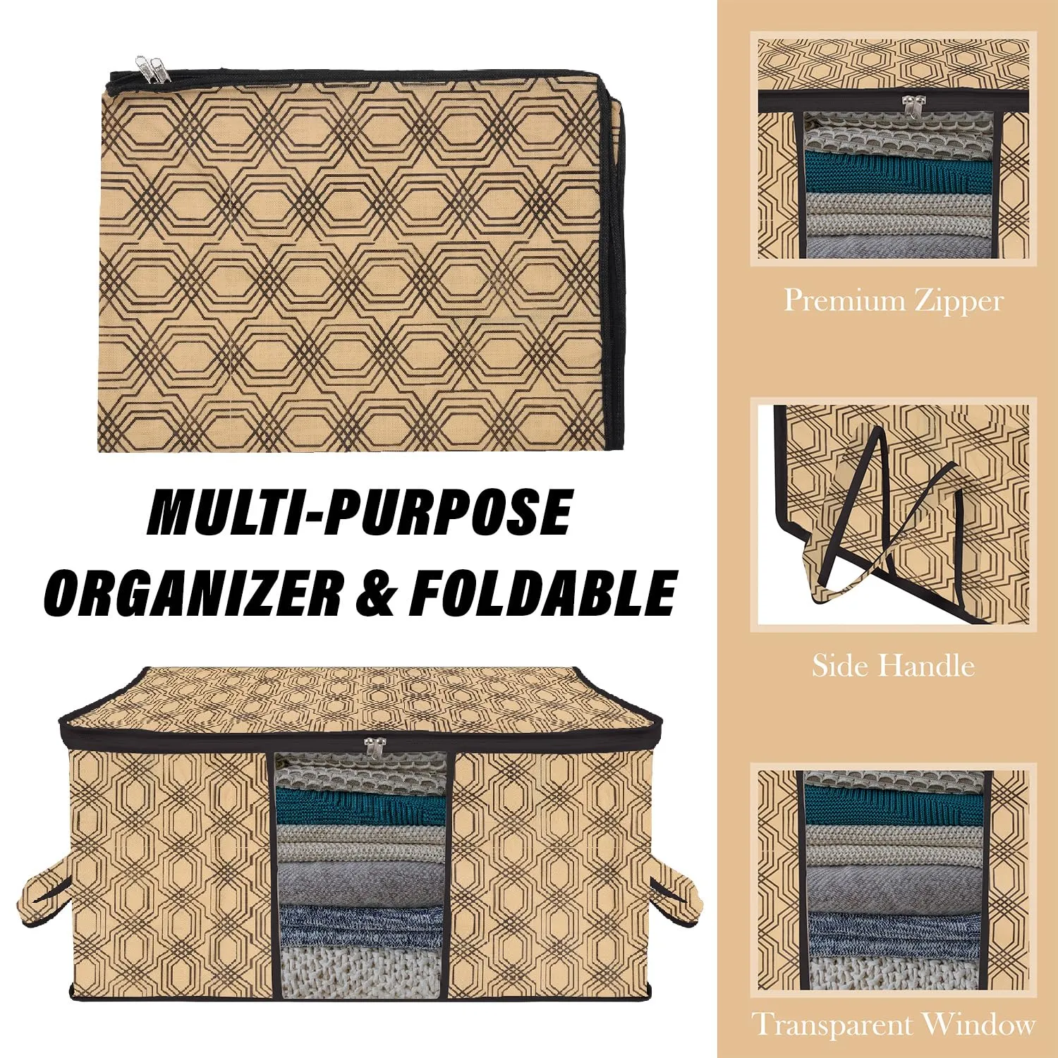 Kuber Industries Saree Cover & Underbed Stoarge Bag Set | 2 Pieces Saree & 2 Pieces Underbed Storage Bag Combo Set | Zipper Closure & Handle | Honeycomb-Design | Set of 4 | Coffee