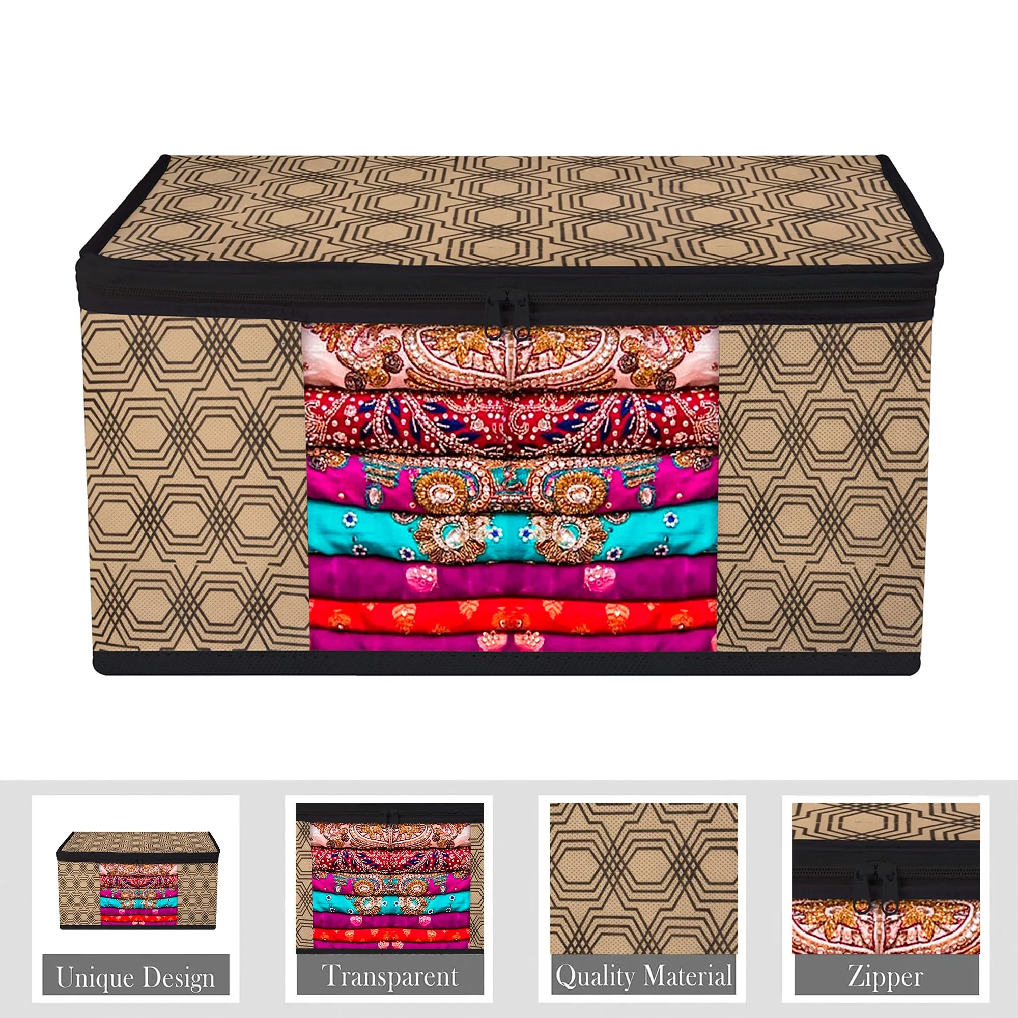 Kuber Industries Saree Cover & Underbed Stoarge Bag Set | 2 Pieces Saree & 2 Pieces Underbed Storage Bag Combo Set | Zipper Closure & Handle | Honeycomb-Design | Set of 4 | Coffee