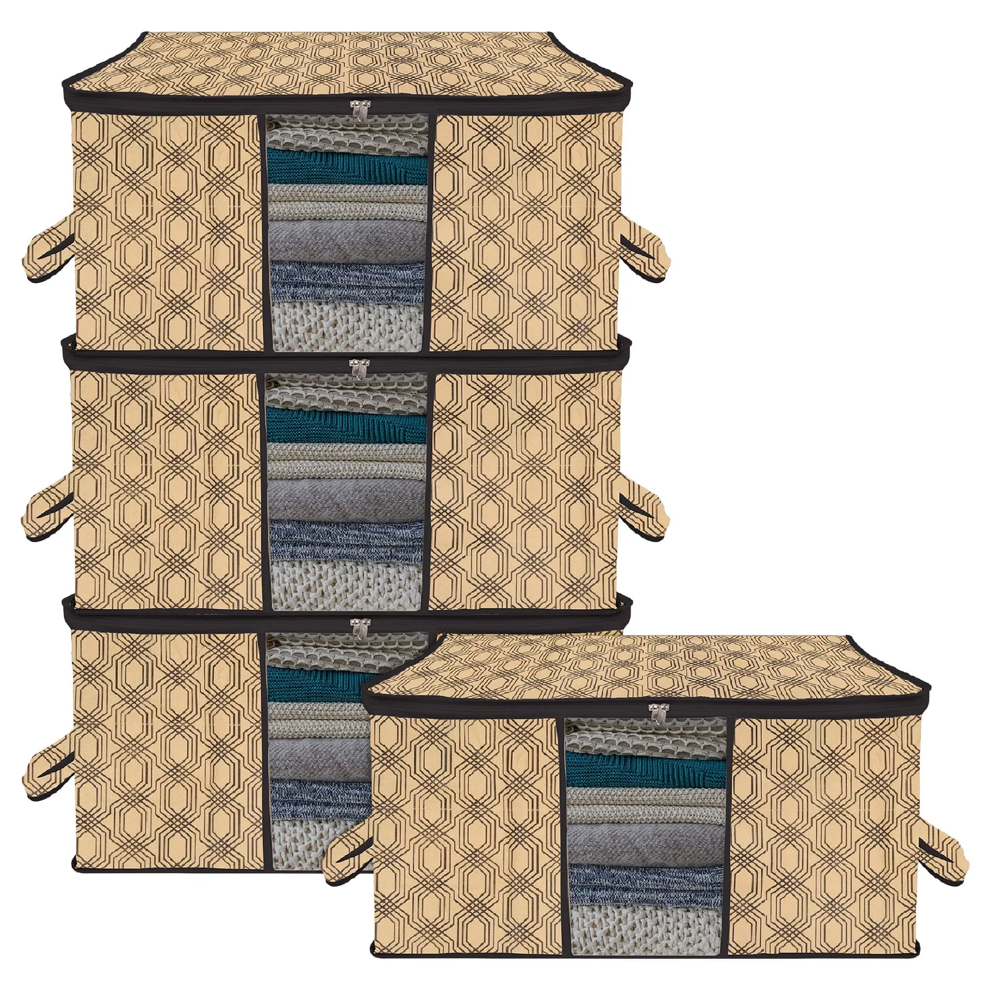 Kuber Industries Underbed Storage Bag | Clothes Storage Organizer | Blanket Cover with Clear Window | Zipper Closure & Handle Cloth Organizer | Check-Design | Large | Pack of 4 | Coffee