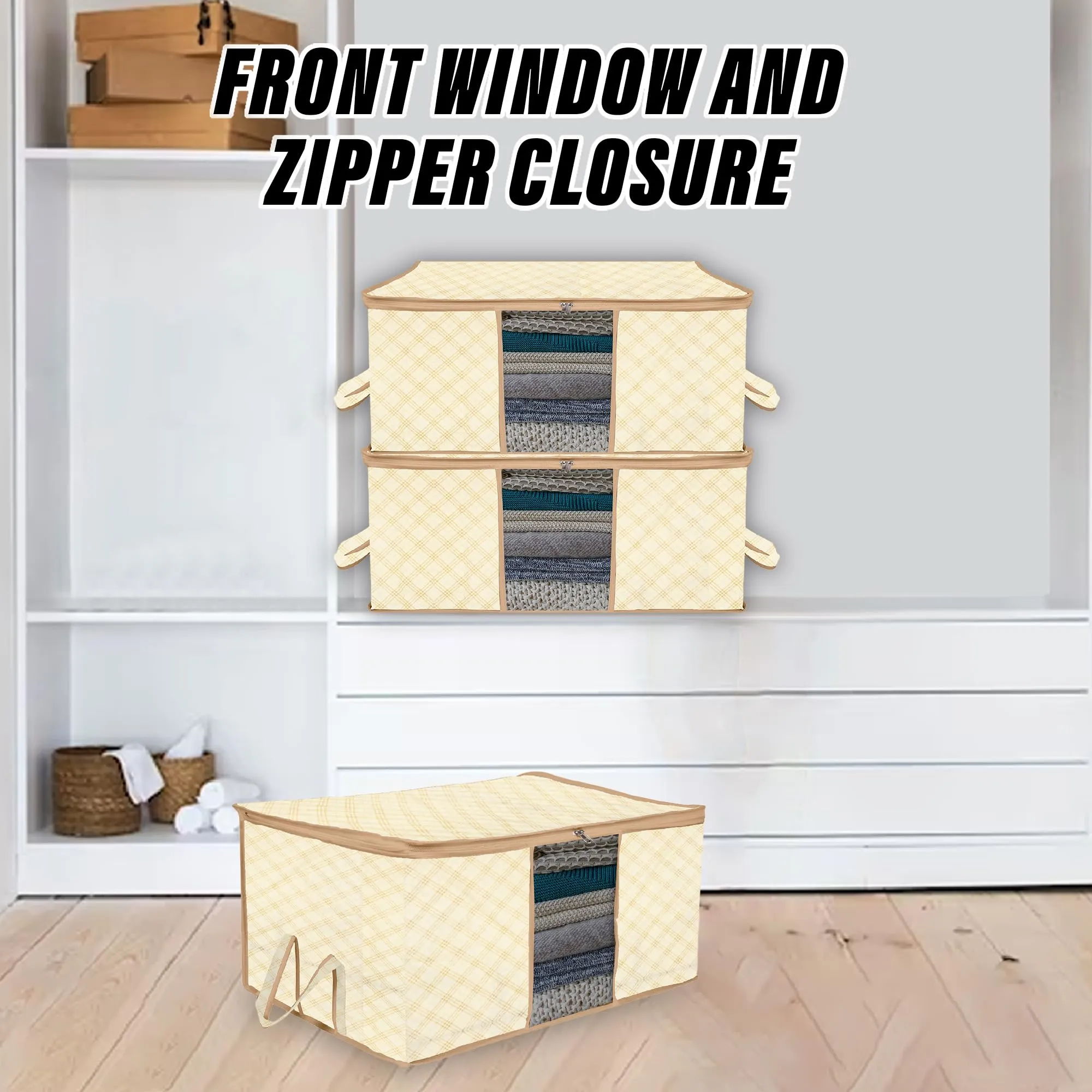 Kuber Industries Underbed Storage Bag | Clothes Storage Organizer | Blanket Cover with Clear Window | Zipper Closure & Handle Cloth Organizer | Check-Design | Large | Pack of 6 | Cream