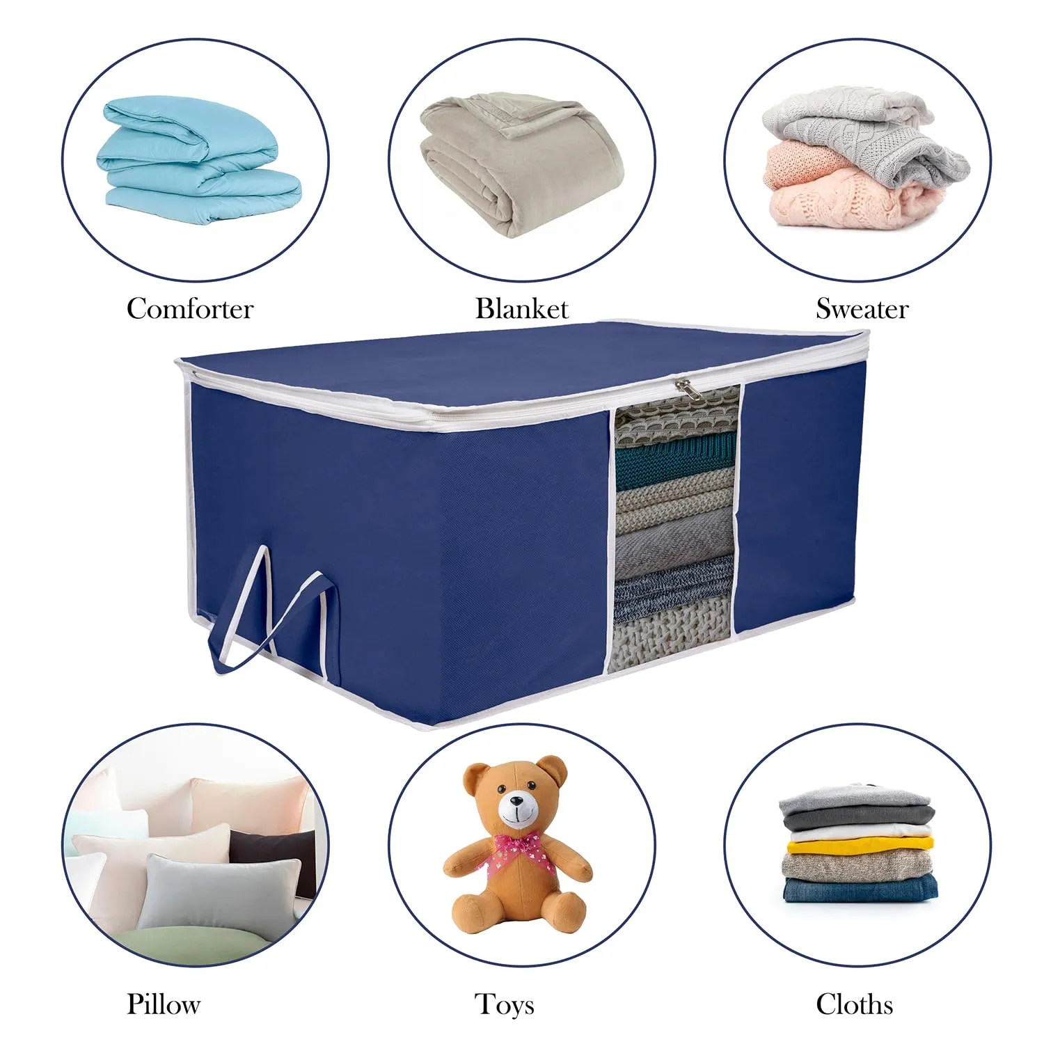 Kuber Industries Underbed Storage Bag | Clothes Storage Organizer | Blanket Cover with Clear Window | Zipper Closure & Handle Cloth Organizer | Plain White Border | Large | Pack of 4 | Navy Blue