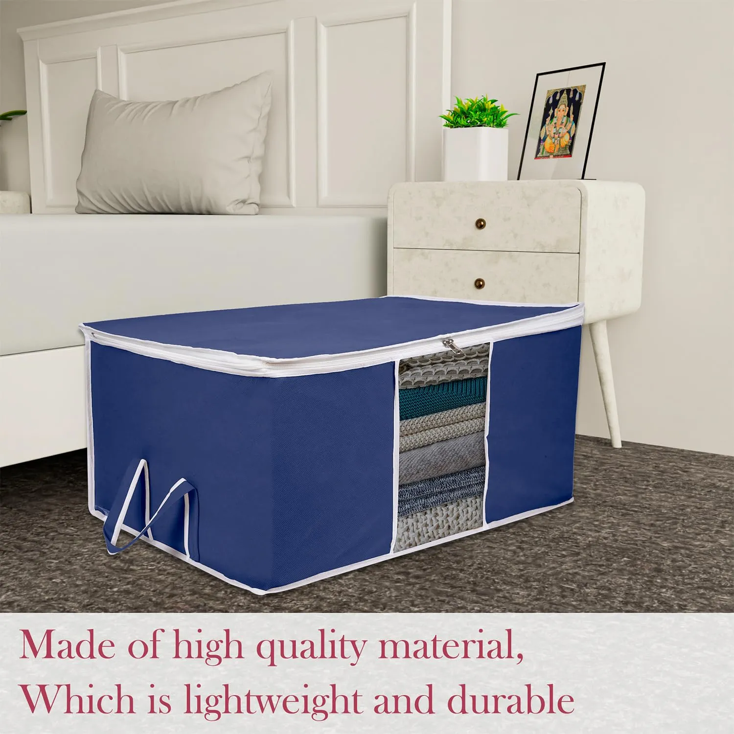 Kuber Industries Underbed Storage Bag | Clothes Storage Organizer | Blanket Cover with Clear Window | Zipper Closure & Handle Cloth Organizer | Plain White Border | Large | Pack of 4 | Navy Blue