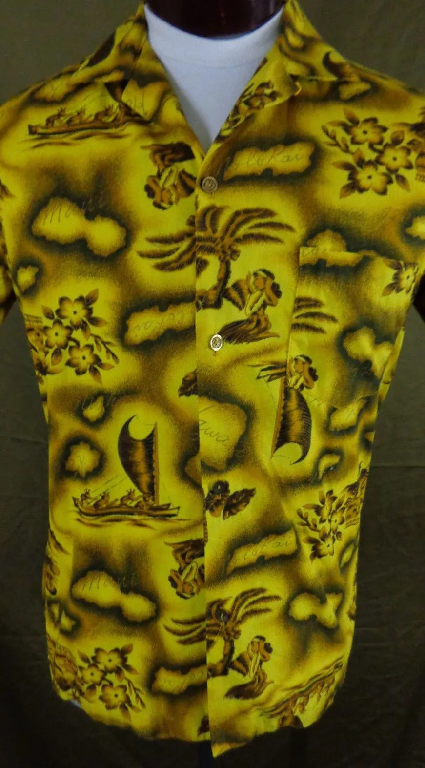 Vintage 50s Prince Kuhio Yellow Hawaiian Islands Aloha Shirt M