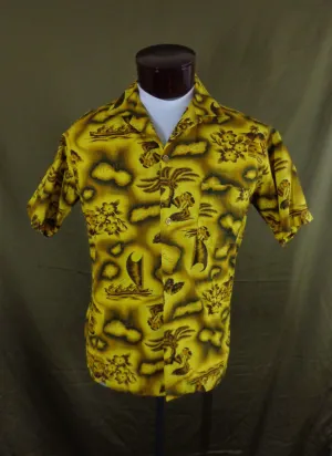 Vintage 50s Prince Kuhio Yellow Hawaiian Islands Aloha Shirt M