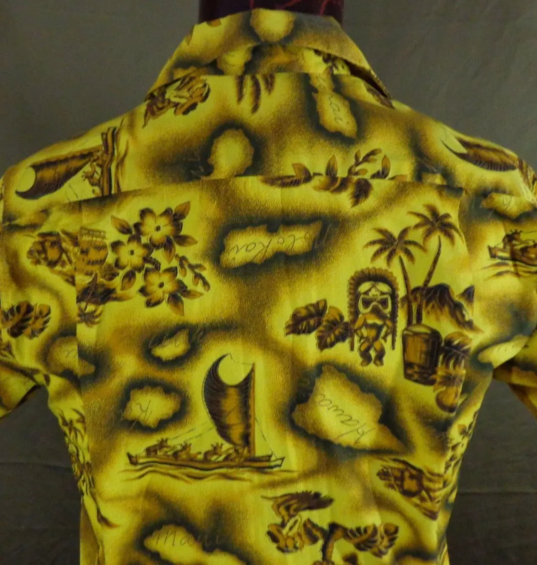 Vintage 50s Prince Kuhio Yellow Hawaiian Islands Aloha Shirt M
