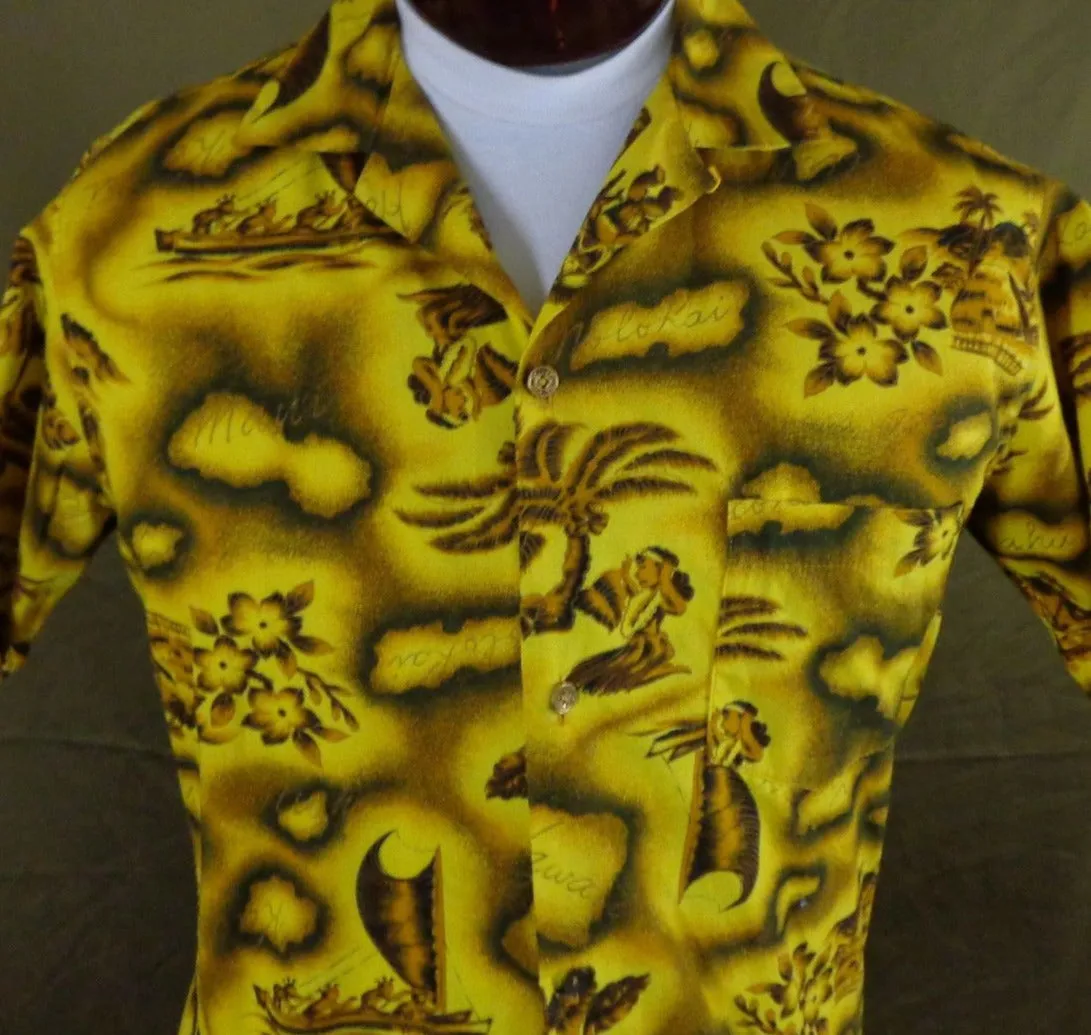 Vintage 50s Prince Kuhio Yellow Hawaiian Islands Aloha Shirt M